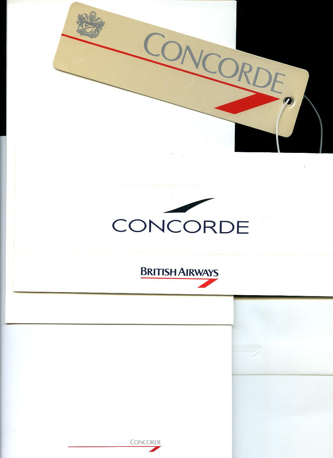 British Airways Vintage Concorde In-Flight Memorabilia - Ephemera | Concorde Embossed Stationery + Boarding Pass / Ticket Wallet + Silver Plastic Cab