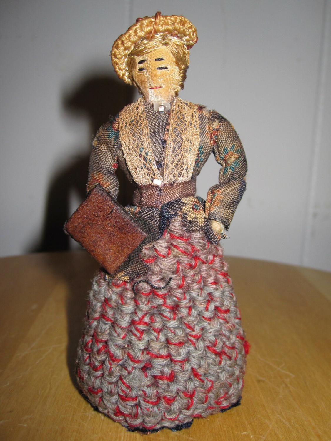 ANTIQUE VICTORIAN AMERICAN FOLK ART CLOTH STUMP TOY DOLL CROCHET PURSE FLORAL [ ]