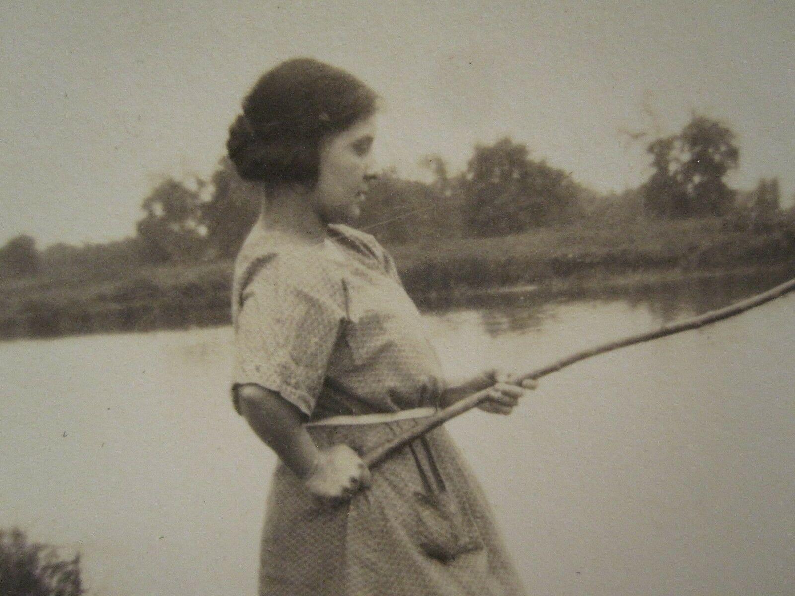 ANTIQUE VINTAGE ARTISTIC ANGLES LINES LADY BIG FISHING POLE LONG BRANCH  PHOTO: Signed by Author(s) Photograph