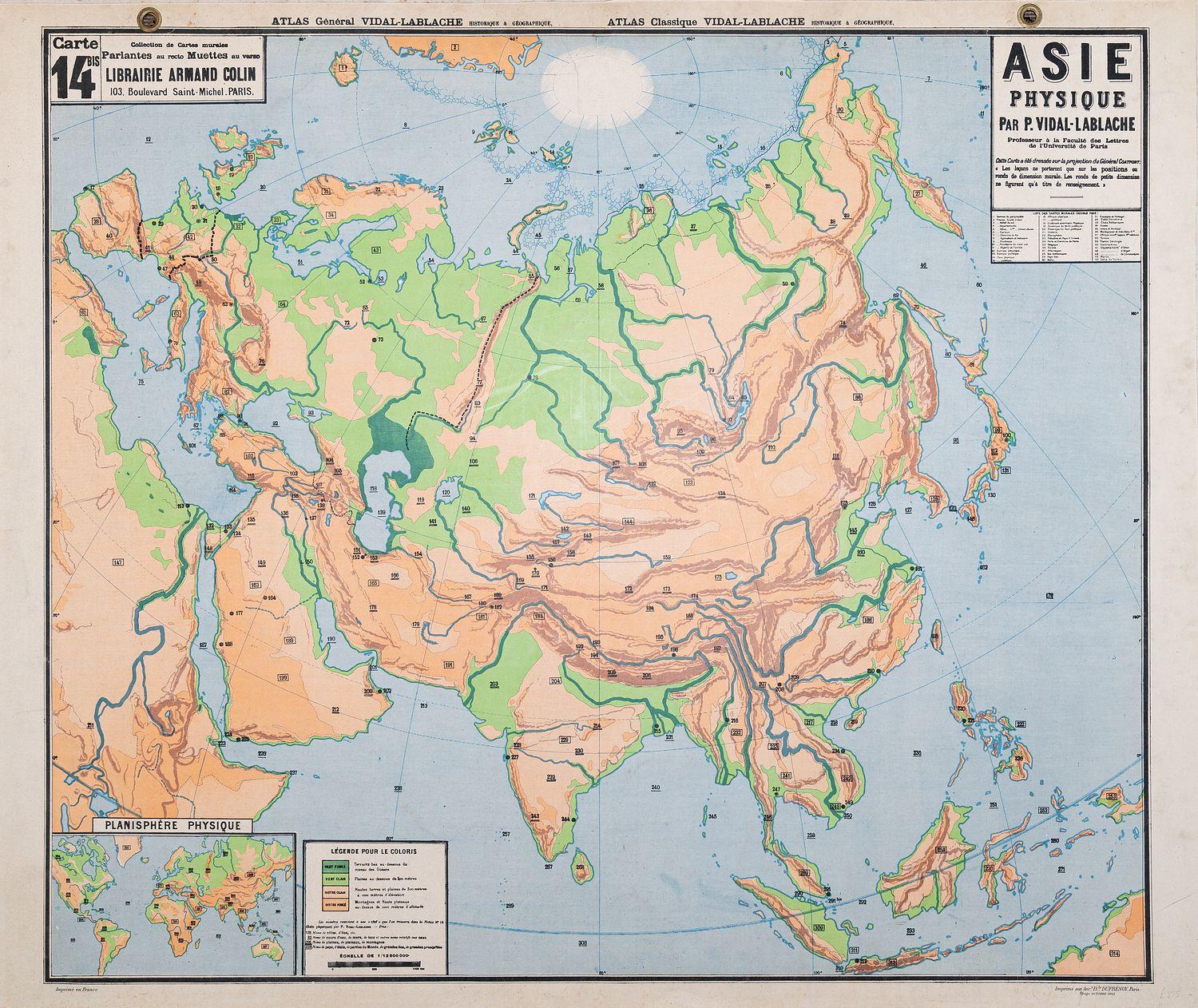 Carte 14 14 Bis Asie Physique Collection De Cartes Murales Parlantes Au Recto Muettes Au Verso Vidal Lablache By Vidal Lablache P Map Robert Frew Ltd Aba Ilab