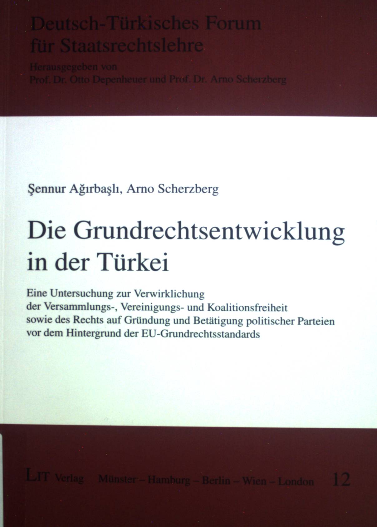 Die Grundrechtsentwicklung in der Türkei : eine Untersuchung zur Verwirklichung der Versammlungs-, Vereinigungs- und Koalitionsfreiheit sowie des Rechts auf Gründung und Betätigung politischer Parteien vor dem Hintergrund der EU-Grundrechtsstandards. Deutsch-Türkisches Forum für Staatsrechtslehre: Deutsch-Türkisches Forum für Staatsrechtslehre ; Bd. 12 - Agirbasli, Sennur und Arno Scherzberg