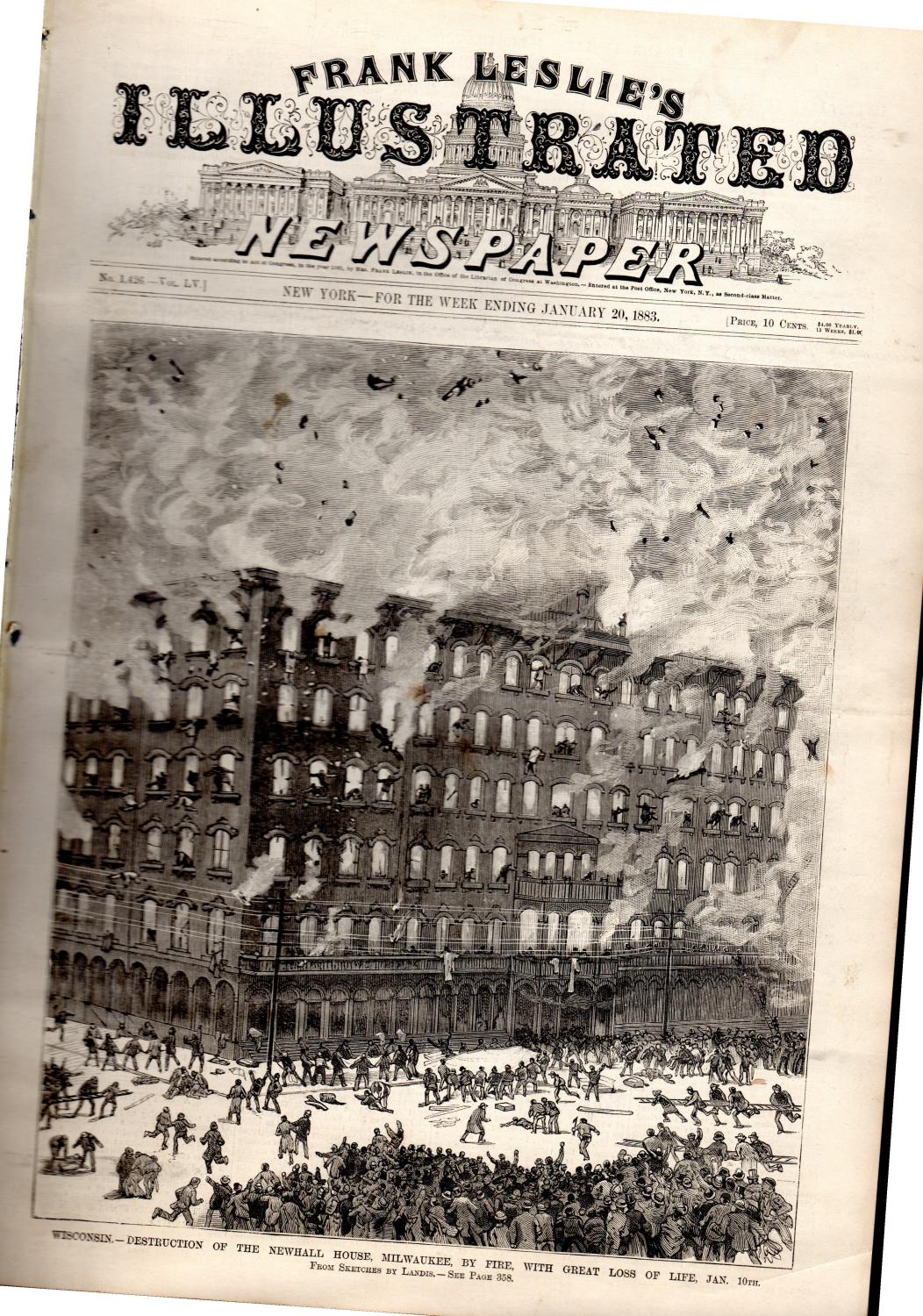 ENGRAVING "Destruction of the Newhall House, Milwaukee, Wisconsin, By