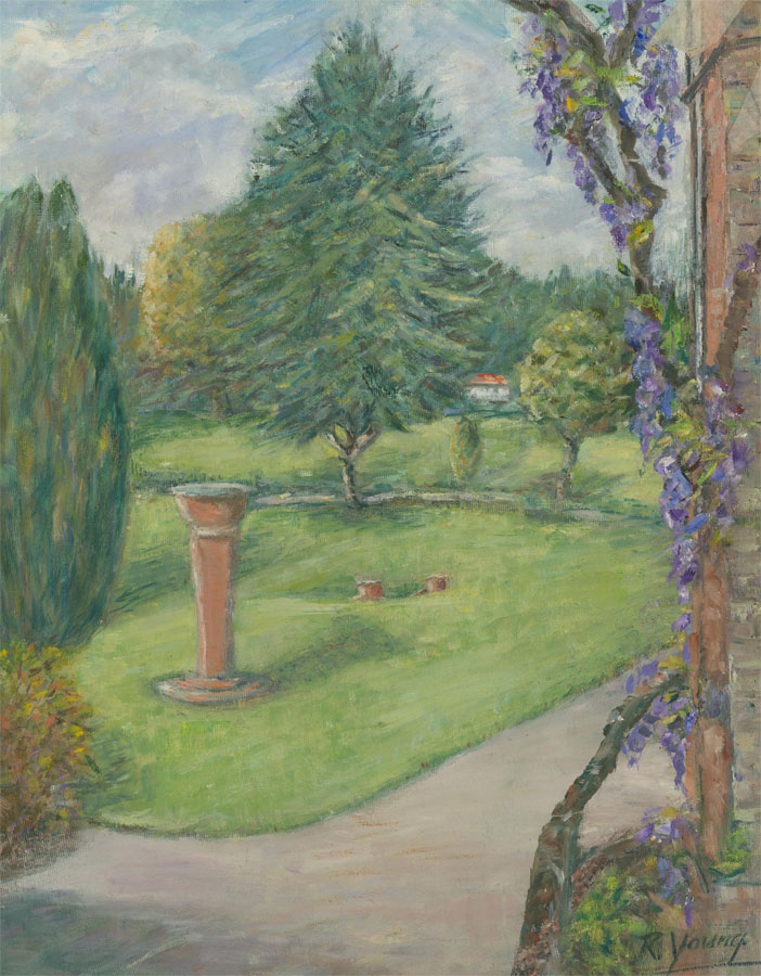 Renee Young Signed 20th Century Oil, Garden Scene with Wisteria von