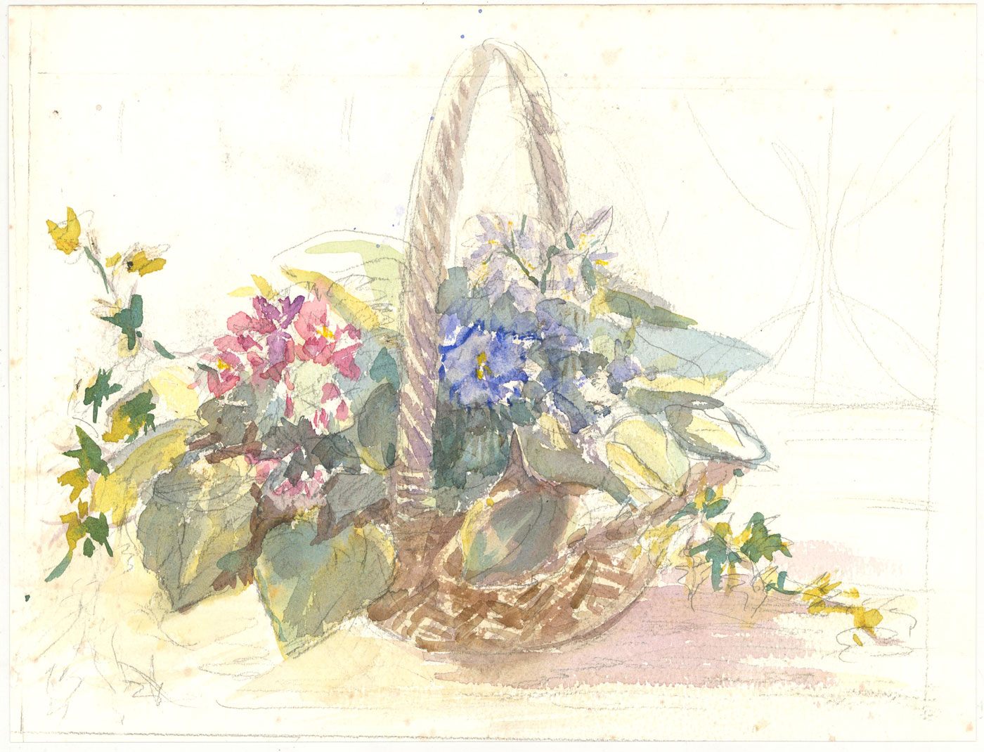 Renee Young 20th Century Watercolour, Colourful Flower Basket by