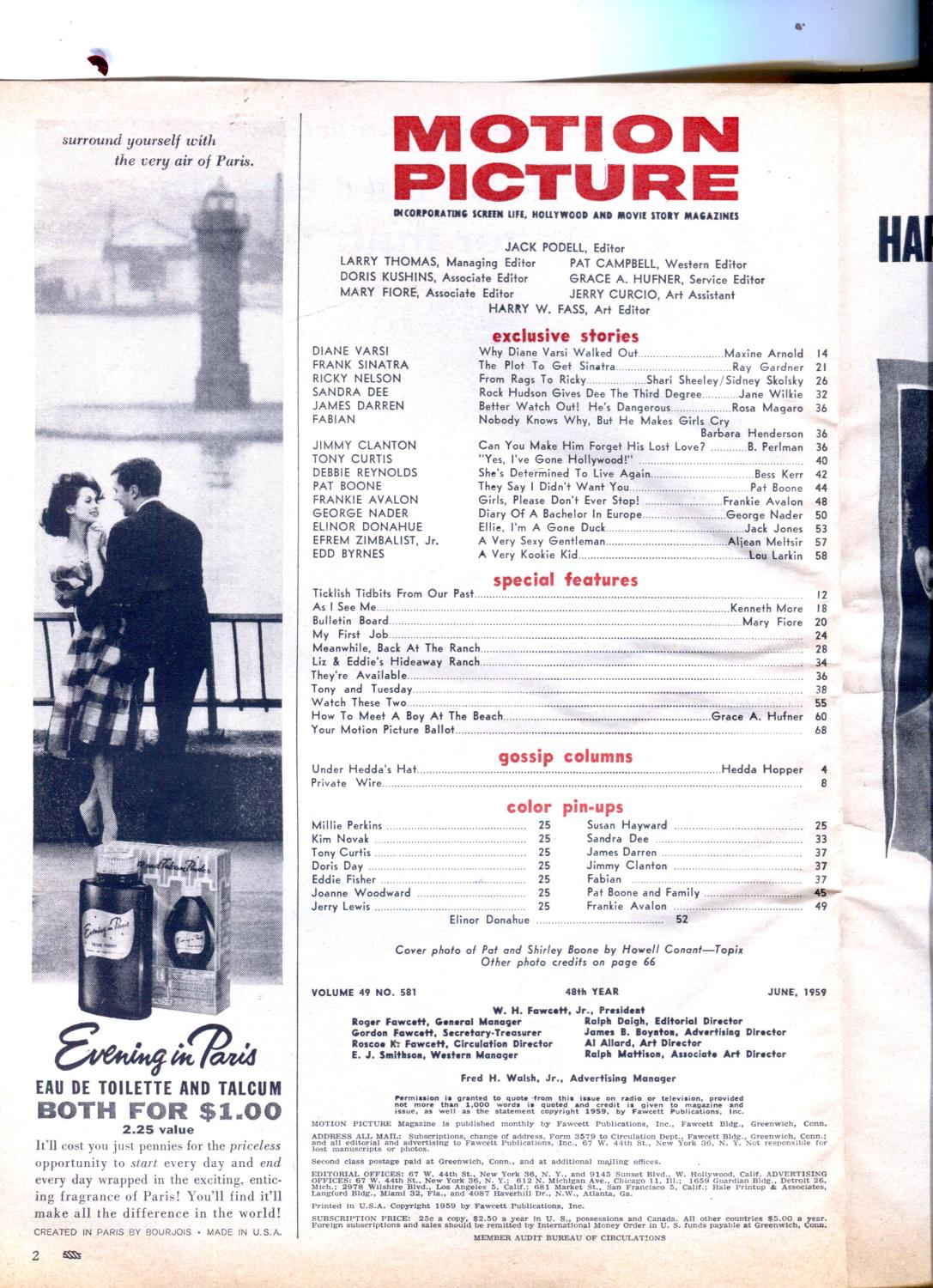 Motion Picture-Pat Boone-Jame Darin-Tony Curtis-Fabian-June-1959: (1959