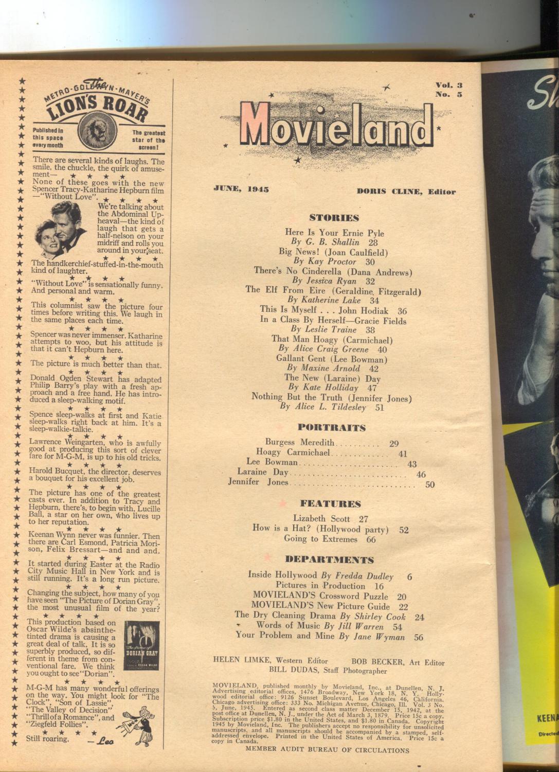 Movieland-John Hodiak-Jennifer Jones-Lee Bowman-Hoagy Carmichael-June-1945:  (1945) Magazine / Periodical | DTA Collectibles