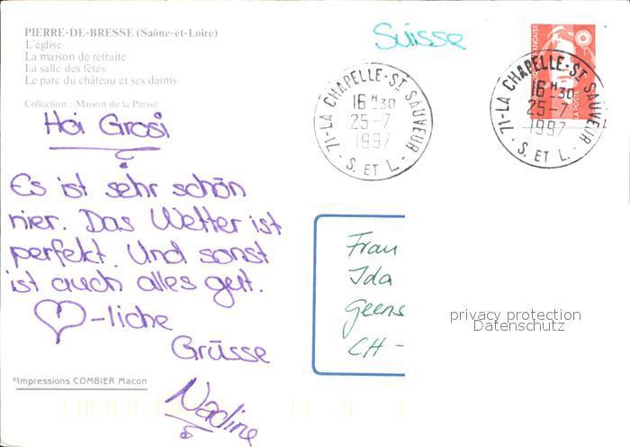 Postkarte Carte Postale Pierre De Bresse Eglise Maison De Retraite Salle Des Fetes Parc Du Chateau Des Daims Manuscrit Nbsp Nbsp Papier Nbsp Ancien Versandhandel Boeger