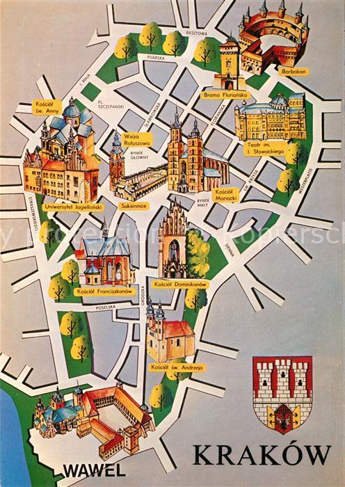 Postkarte Carte Postale Krakow Krakau Zabytkowe Srodmiescie Stadtzentrum Stadtplan Wappen 