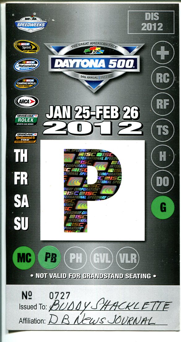NASCAR Daytona 500 Garage & Pit Pass 2/2012Daytona Int'l SpeedwayVG