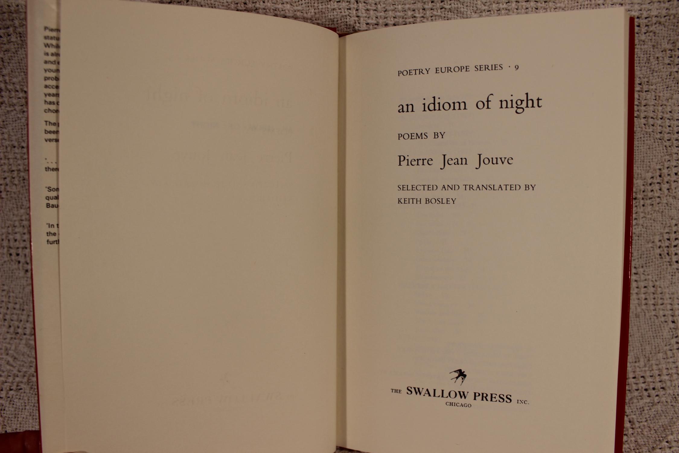 An Idiom of Night: Poems by Pierre Jean Jouve (Poetry Europe Series #9 ...