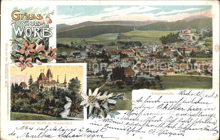 Postkarte Carte Postale Worb Totalansicht Schloss mit Wasserfall ...