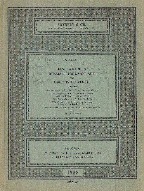 Sothebys March 1968 Fine Watches, Russian Works of Art & Objects of Vertu Sothebys [Good]