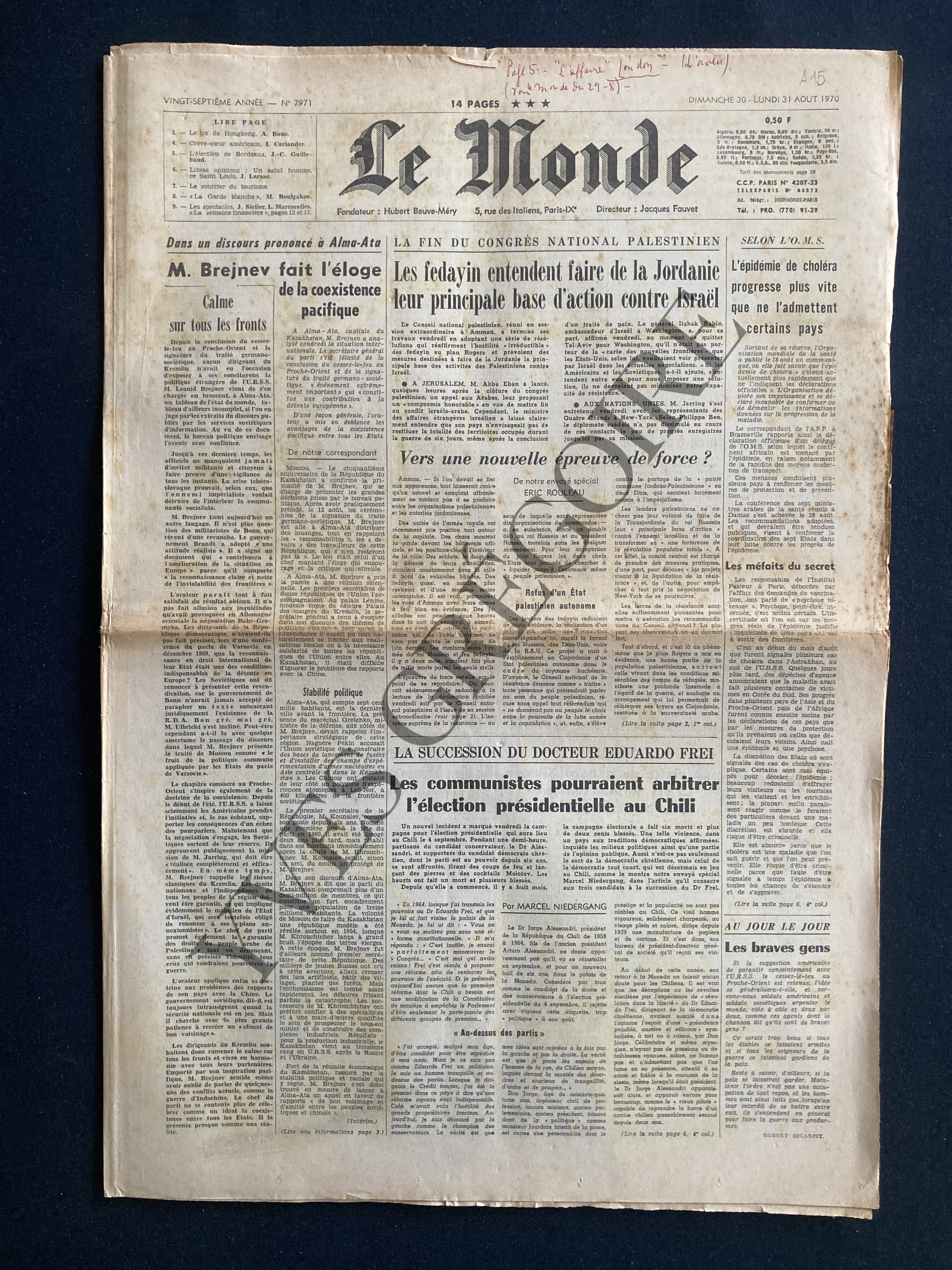 LE MONDE-N°7971-DIMANCHE 30 ET LUNDI 31 AOUT 1970-THEO SARAPO [Bon] [Couverture souple]