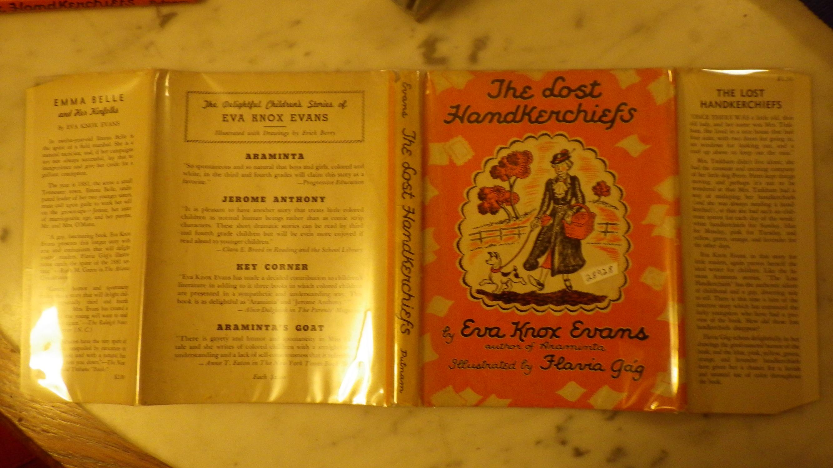 THE LOST HANDKERCHIEFS in Dustjacket of RED WITH LADY IN COAT WALKING WHITE & BLACK DOG, Detective Story of the foolish elderly THIN lady, Mrs.Tinkha