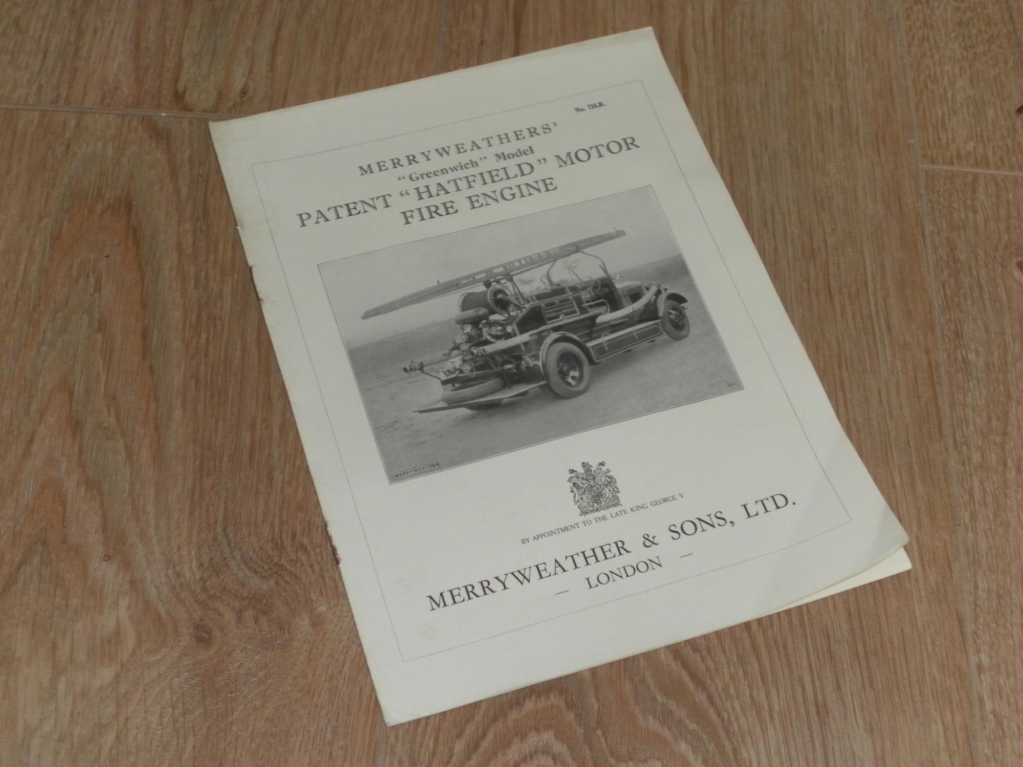 Trade Catalogue: Merryweather "Greenwich" Model Patent "Hatfield" Motor Fire Engine Merryweather & Sons Ltd [Good] [Softcover]
