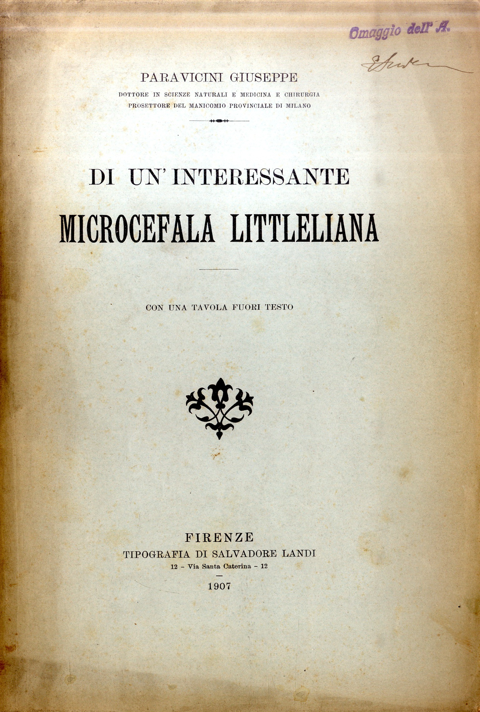 littleliana Di un' interessante microcefala littleliana by Giuseppe Paravicini.: molto  buono (1907) | Libreria Antiquaria Pregliasco