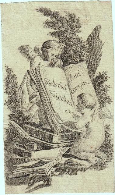 Vor Strauchwerk Stehender Genius Ein Offenes Buch Haltend In Dem Ein Kniender Genius Die Inschrift Friederici Nicolai Et Amicorum Liest Darunter Bucher Und Schreibzeug Von Nicolai Christoph Friedrich Eigner 1733 1811 Gut 1780