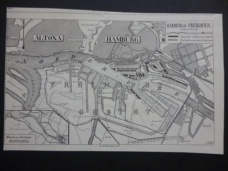 Orig. Holzstich: Karte von Hamburgs Freihafen. Hamburg-Cuxhafen.: (1880