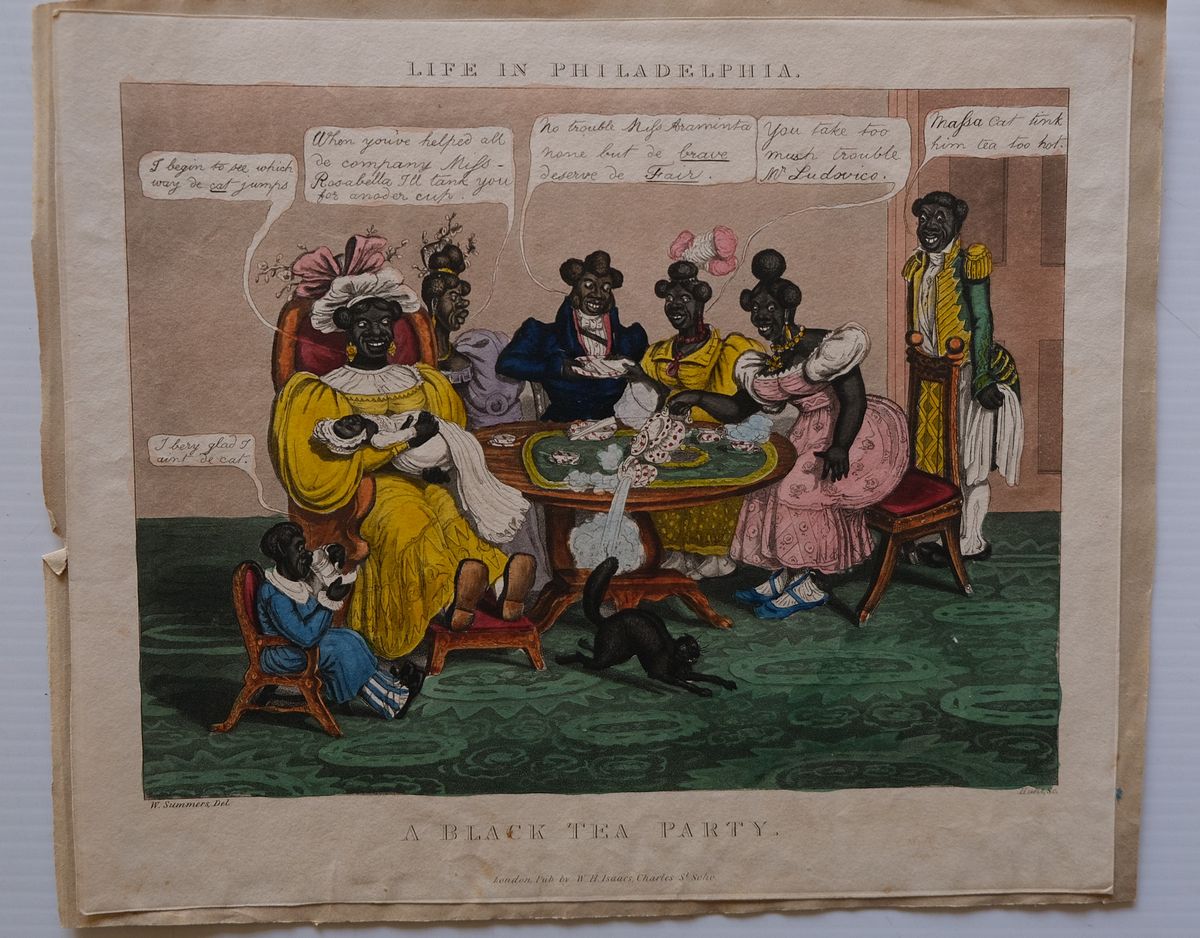 LIFE IN PHILADELPHIA - A BLACK TEA PARTY by SUMMERS, W. (artist) and HUNT,  CHARLES (engraver).: (1830)
