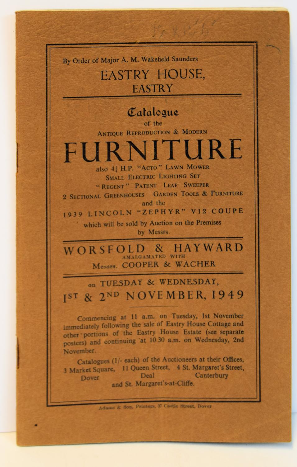 EASTRY HOUSE, EASTRY. CATALOGUE OF THE ANTIQUE REPRODUCTION AND MODERN FURNITURE Also4 1/4 H.P. 'Acto' Lawn Mower Small Electric Lighting Set 'Regent