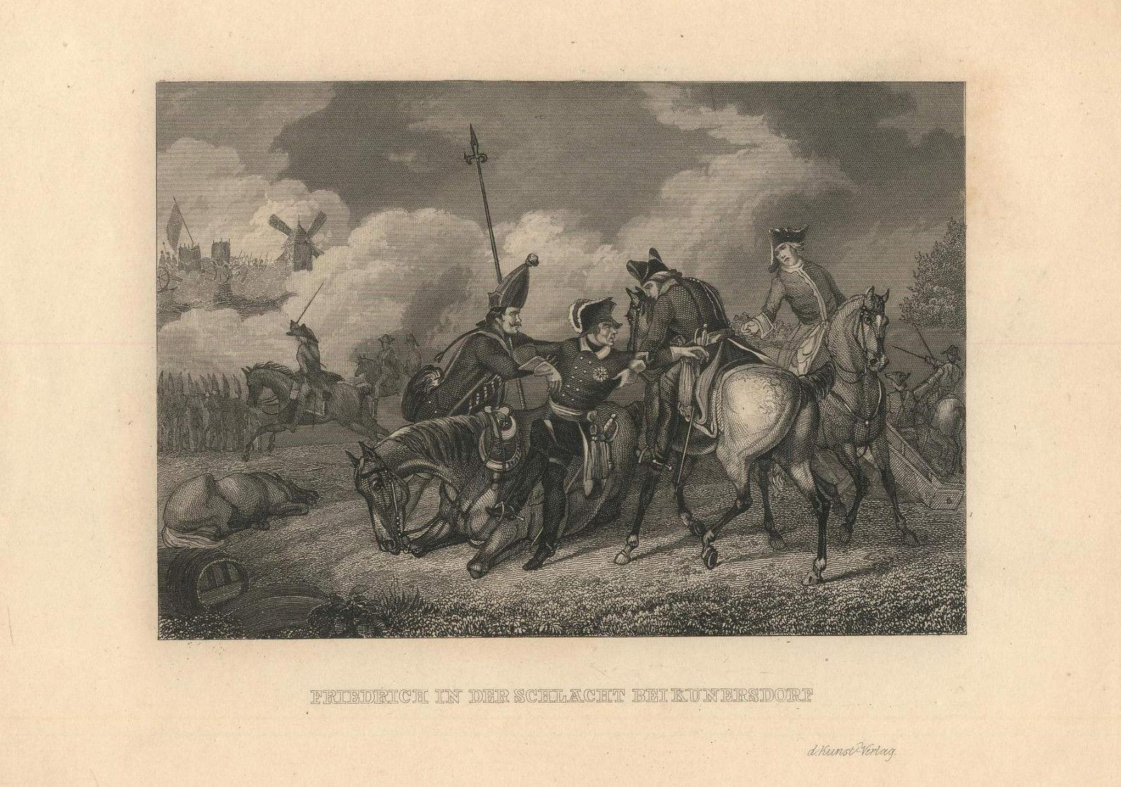 Friedrich in der Schlacht bei Kunersdorf. StahlstichSchlachtszene. by