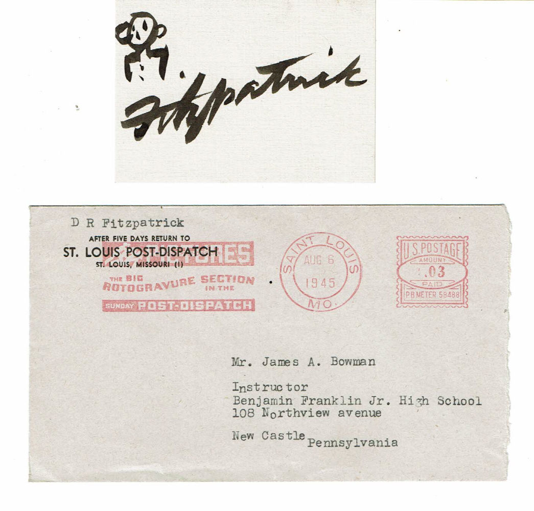 The Autograph Of Pulitzer Prize Winning Cartoonist Daniel R Fitzpatrick Boldly Penned On A Card Beneath A Simple Stick Figure Sketch Von Fitzpatrick Daniel R 11 1969 Editorial Cartoonist For The St Louis