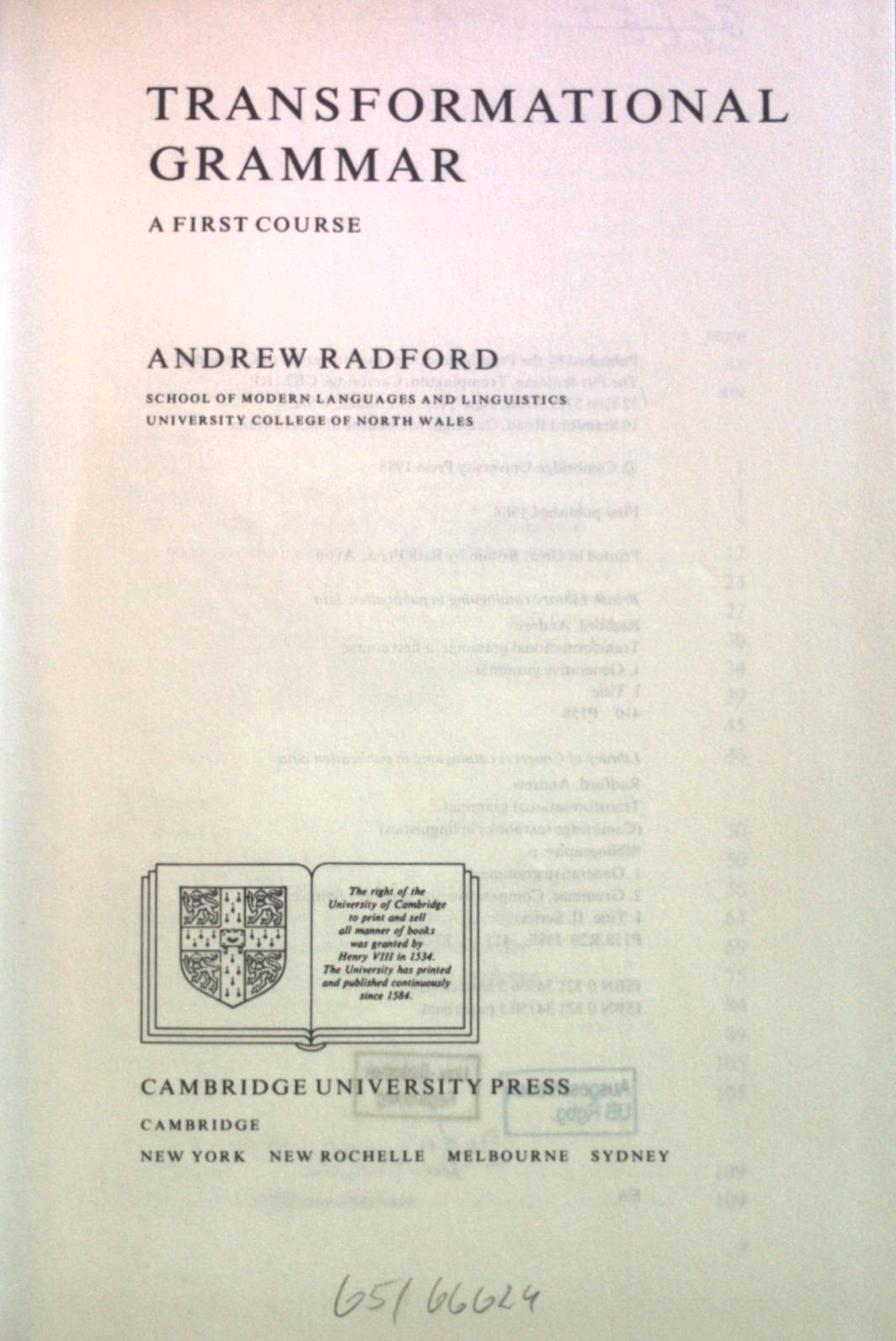 Transformational Grammar: A First Course. Cambridge Textbooks in Linguistics - Radford, Andrew