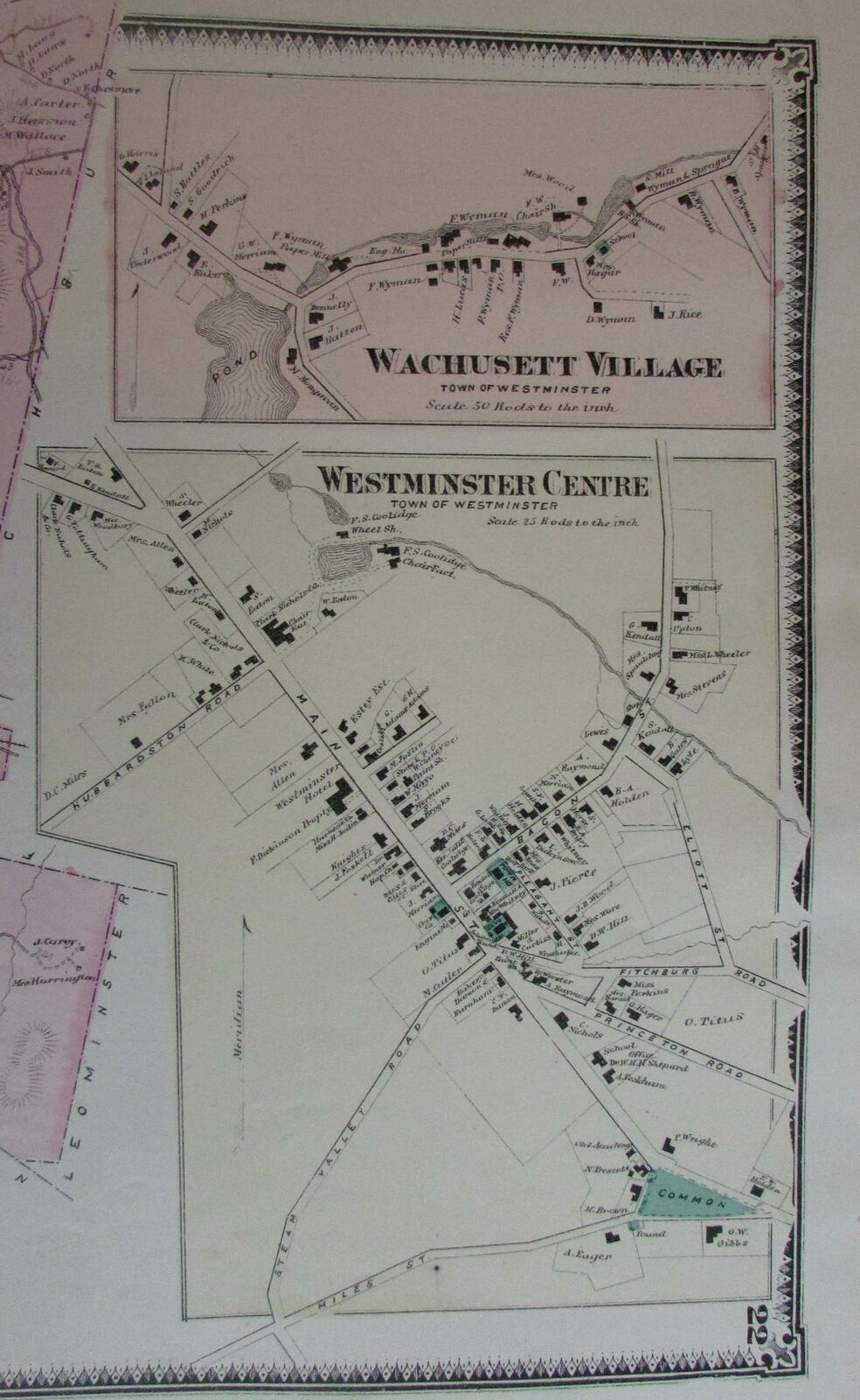 Original Antique 1870 Map Westminster Massachusetts Wachusett F.W Beers 