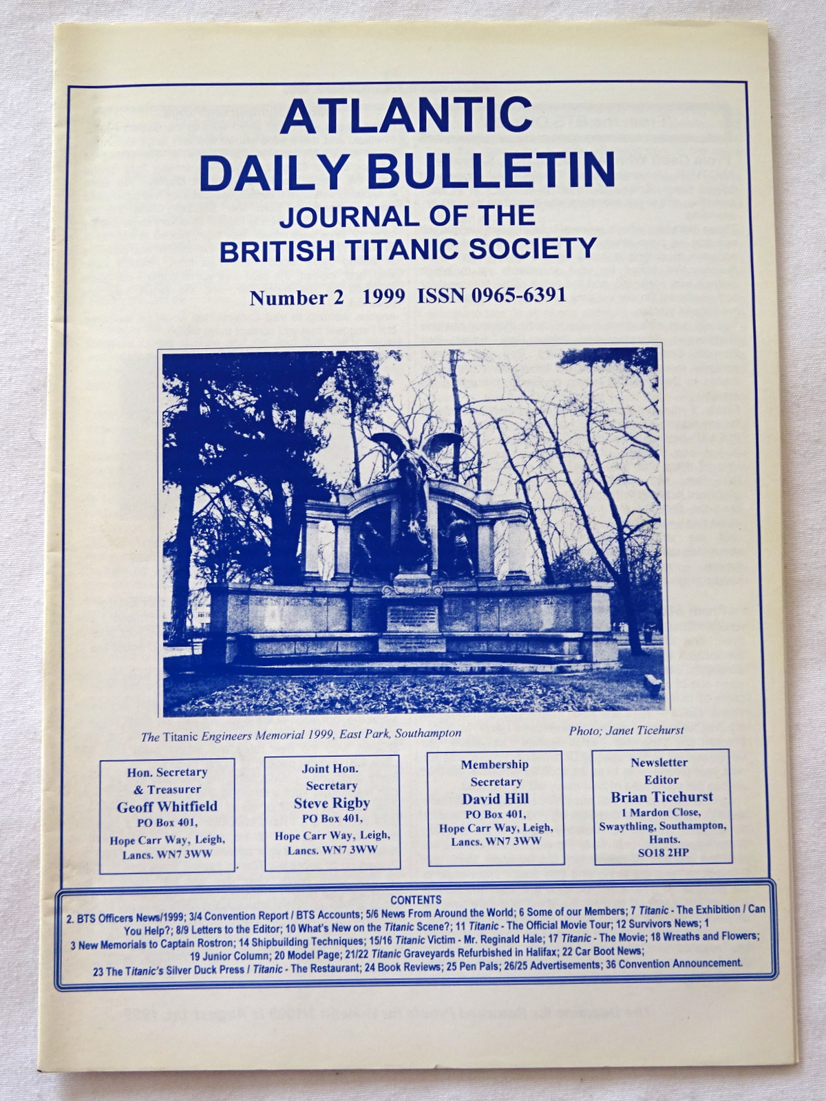 Atlantic Daily Bulletin, 1999 No 1. The Journal of the British Titanic  Society, ISSN 0965-6391 by Ticehurst, Brian J.: Very Good Soft cover (1999)  First Edition | Tony Hutchinson