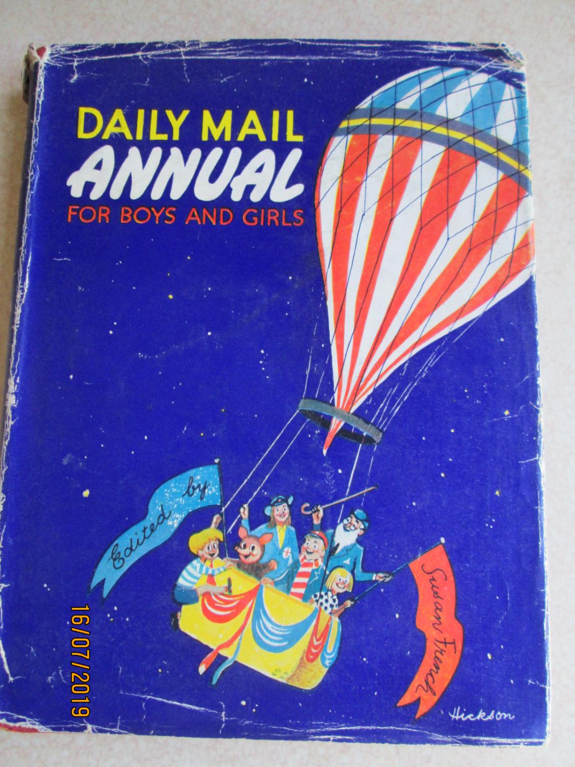 Daily Mail Annual for Boys and Girls (1954) Enid Blyton, Mollie Chappell, Andrew Roberts et al [Good]   HB DJ first edition. DJ not clipped. Red cloth boards. Black titles + hot air balloon illust front. Black titles spine. 24.2 x 18.2cm. 199 pages. 2 tone illustrated with music xmas carol front and back e/ps. b/w, f/c, 2 tone illusts throughout. As well as stories, articles on: Crown Jewels. Space Travel. Marine Life. Tropical Birds etc. Condition: DJ creases, wear on edges and spine fair condition. Boards apart from slight rub bottom of spine good colour and condition. Internally pages beginning to yellow on edges. P154 & 155 crosswords partially completed in pencil with some rubbing out. Otherwise clean, little wear, binding firm. GC.