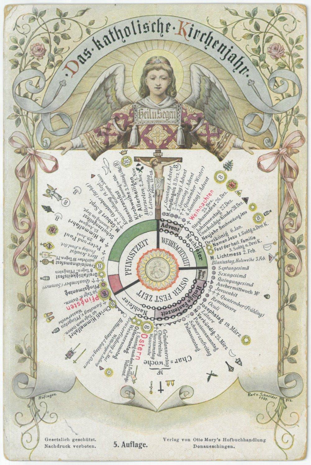 KALENDER. - Kirchenjahr. "Das katholische Kirchenjahr". Ein Engel hält eine ausgerollte 