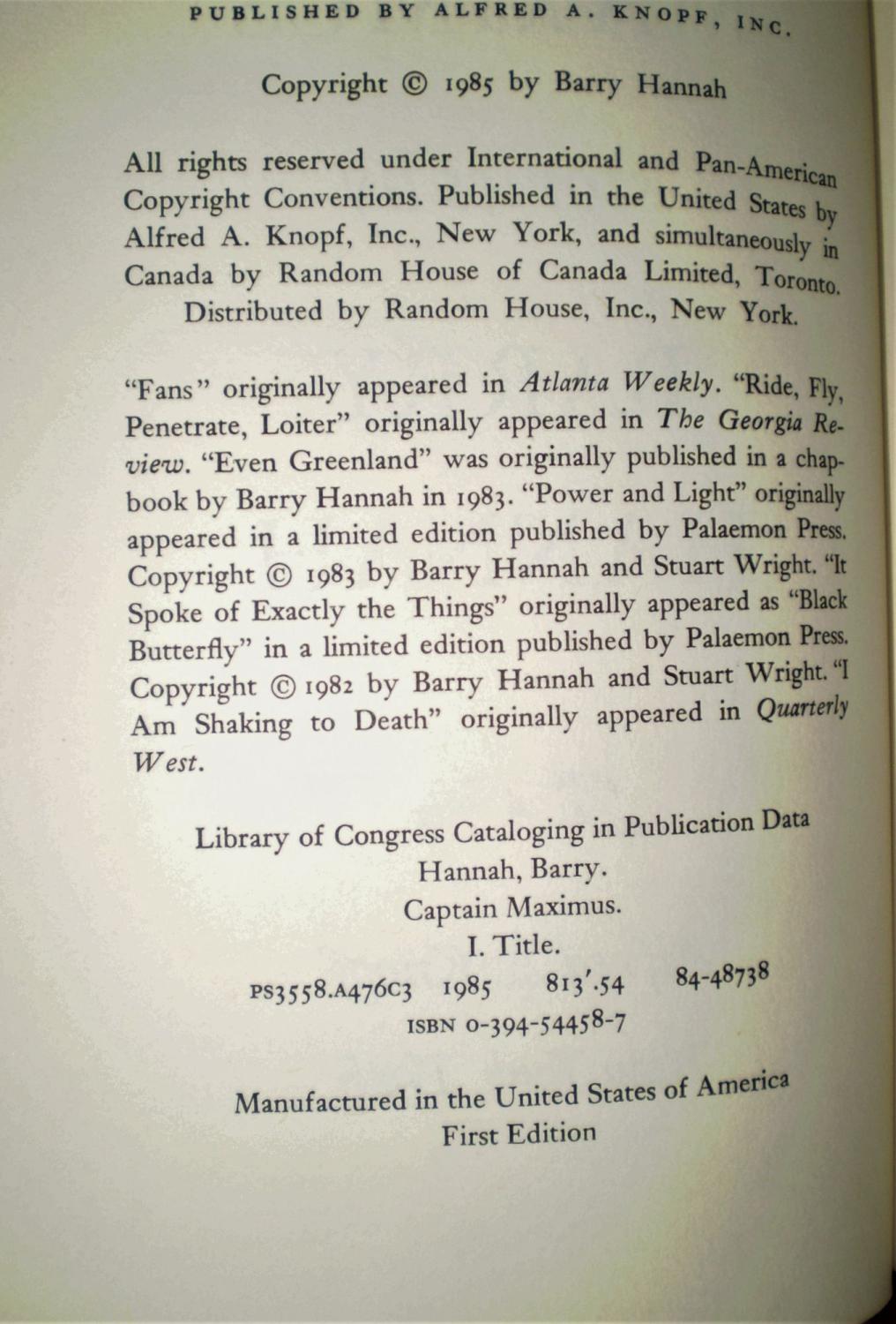 Captain Maximus; Stories by Barry Hannah by Hannah, Barry