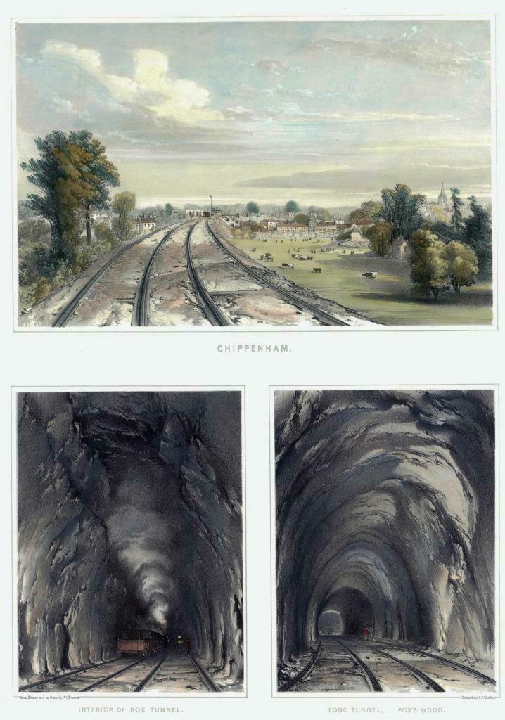 1846 Large Antique Lithograph CHIPPENHAM BOX FOX'S WOOD TUNNEL GW