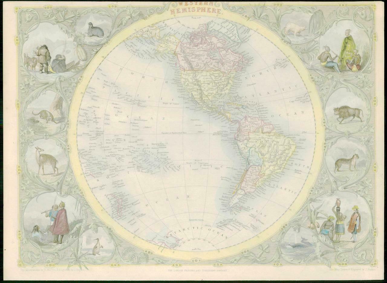 world Tallis Reprint Western Hemisphere Historic Antique old colour map 1800s 