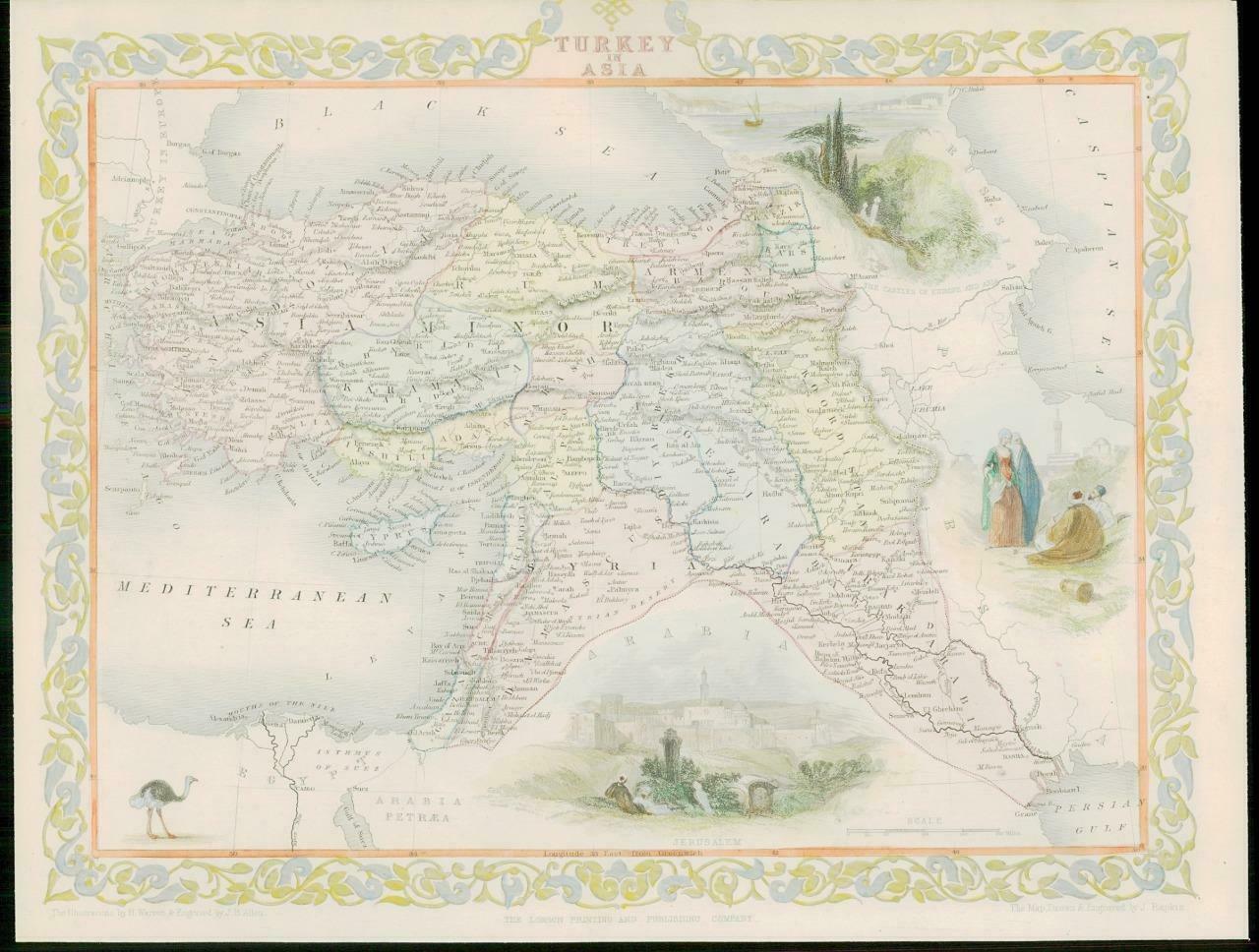 Turkey in Asia Old Antique vintage map 1800s Tallis Reprint 1851c Armenia 