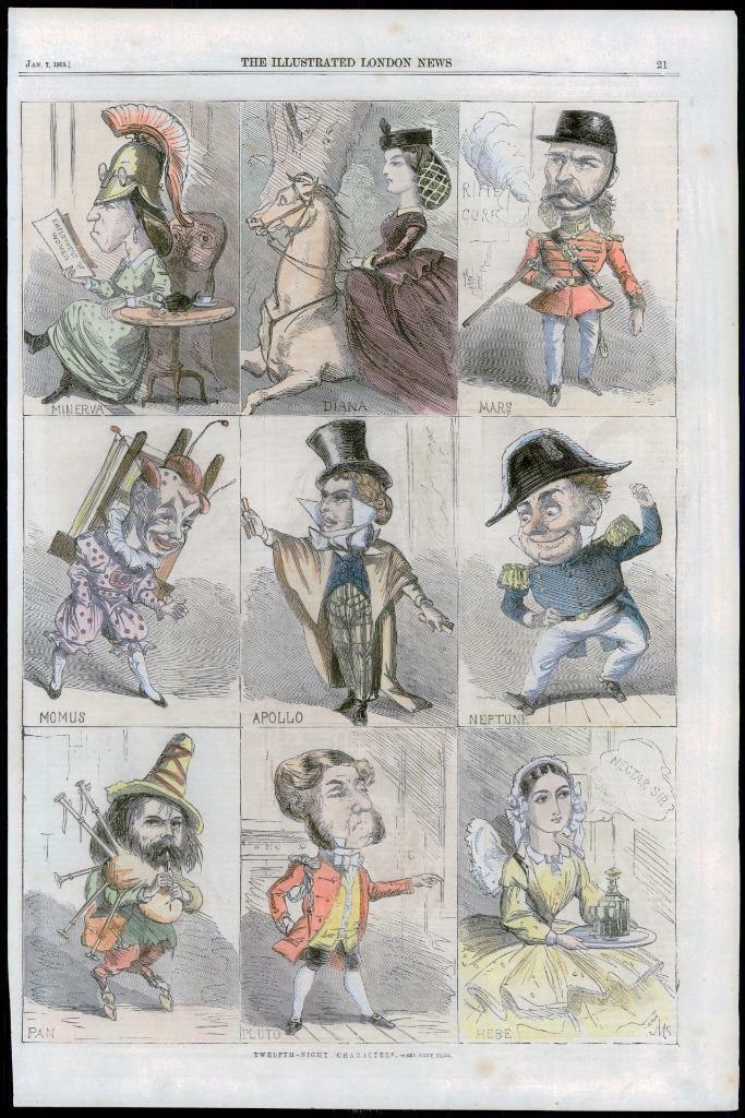 1860 Antique Print - TWELFTH NIGHT CHARACTERS Apollo Momus Pluto Shakespeare (4) [ ]