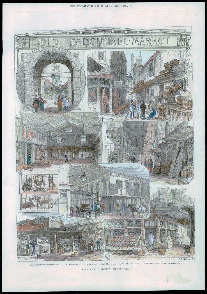 1880 Original Antique Print LONDON OLD LEADENHALL MARKET Views COLOUR