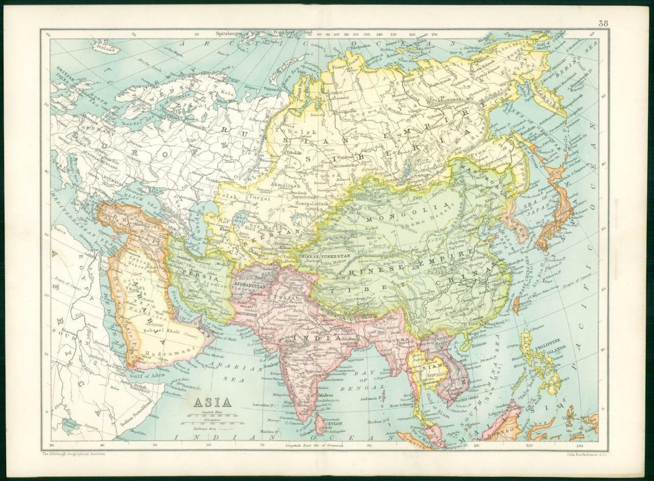 1912 Original Colour Antique Map - ASIA MAP (34) | Antique Paper Company