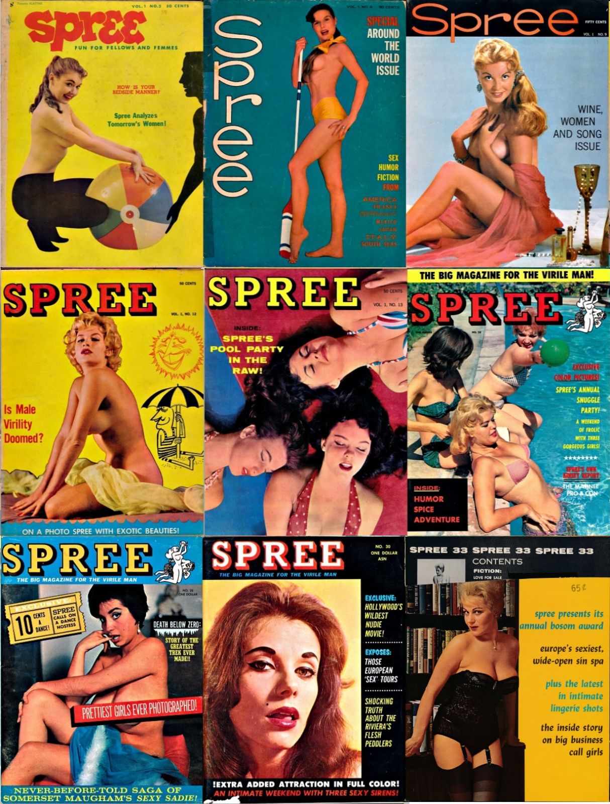 Antique Erotica Magazines - Spree (9 Vintage adult magazines) by Hurley, John (ed., pub.); Pat Sadena  (art dir.); Ron Vogel, et al. (photog.); Petro, Leynnwood, Masters, Doug  Weaver, et al. (art); Andrews, Clem, Don Orehek, Sabo,