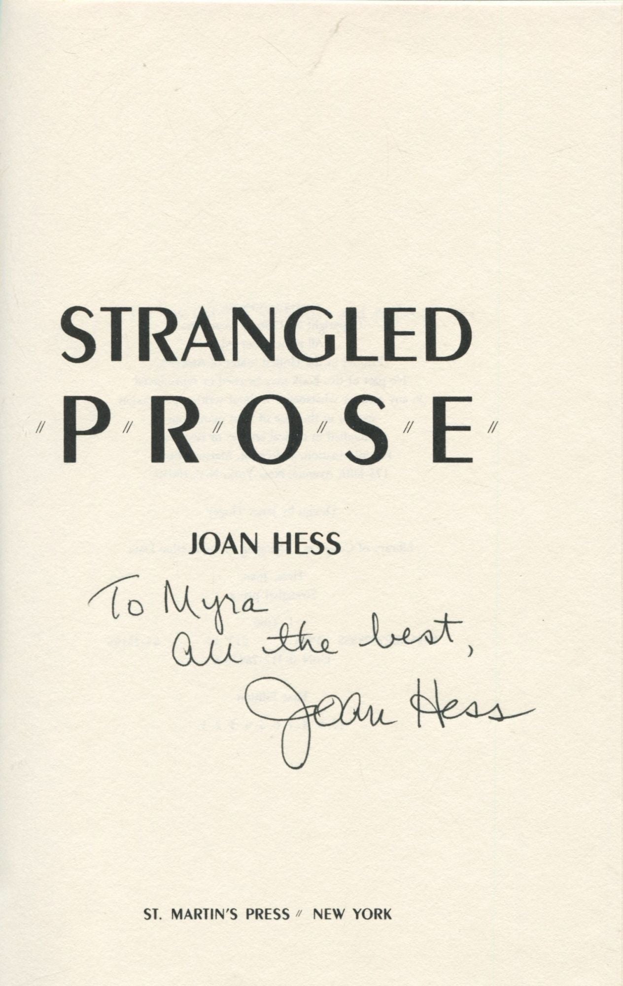 Strangled Prose by Hess, Joan: Collectible Very Good Hardcover (1986 ...