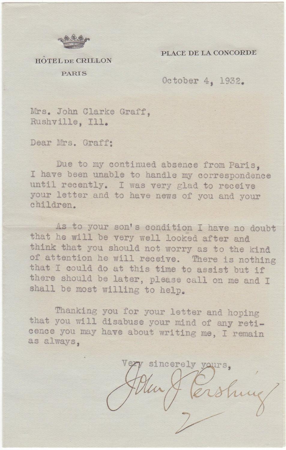 Typed letter signed from Paris von Pershing, John J. (18601948