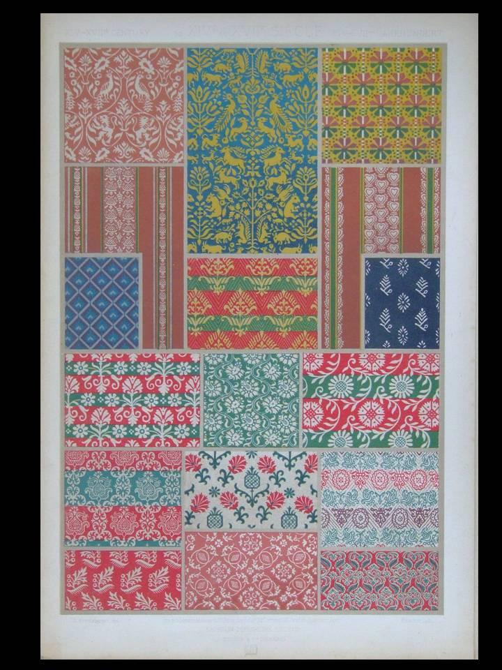 FRENCH WOOLEN FABRICS DESIGNS 1877 LITHOGRAPH DUPONTAUBERVILLE, L'ORNEMENT DES TISSUS