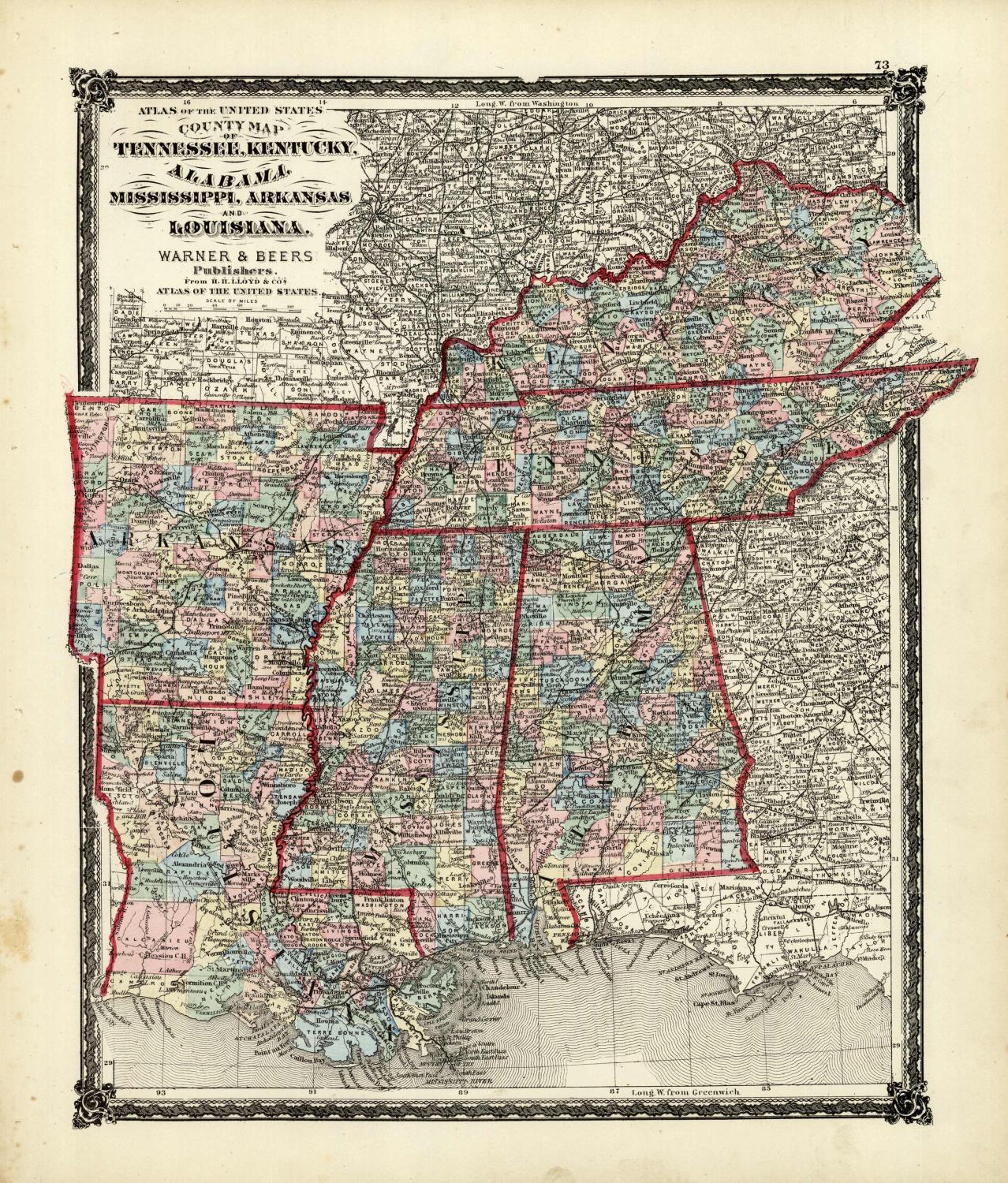 County Map of Louisiana, Mississippi, and Arkansas - Art Source  International