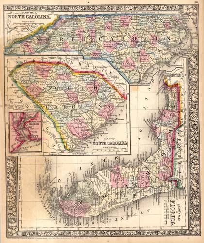 County Map of Florida, North Carolina, and South Carolina