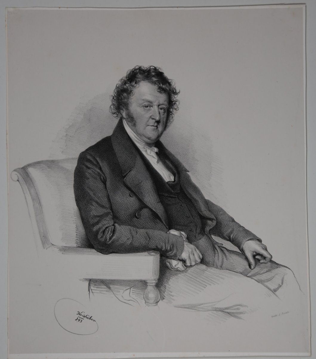 Portrait. Dreiviertelfigur nach rechts in einem Sessel. Lithographie von Kriehuber auf appliziertem Chinapapier. Krauss, Johann Edler von (1784-1845)