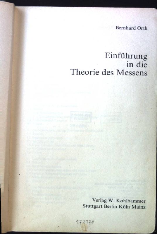 Einführung in die Theorie des Messens. Kohlhammer-Standards Psychologie : Studientext : Teilgebiet math. Psychologie - Orth, Bernhard