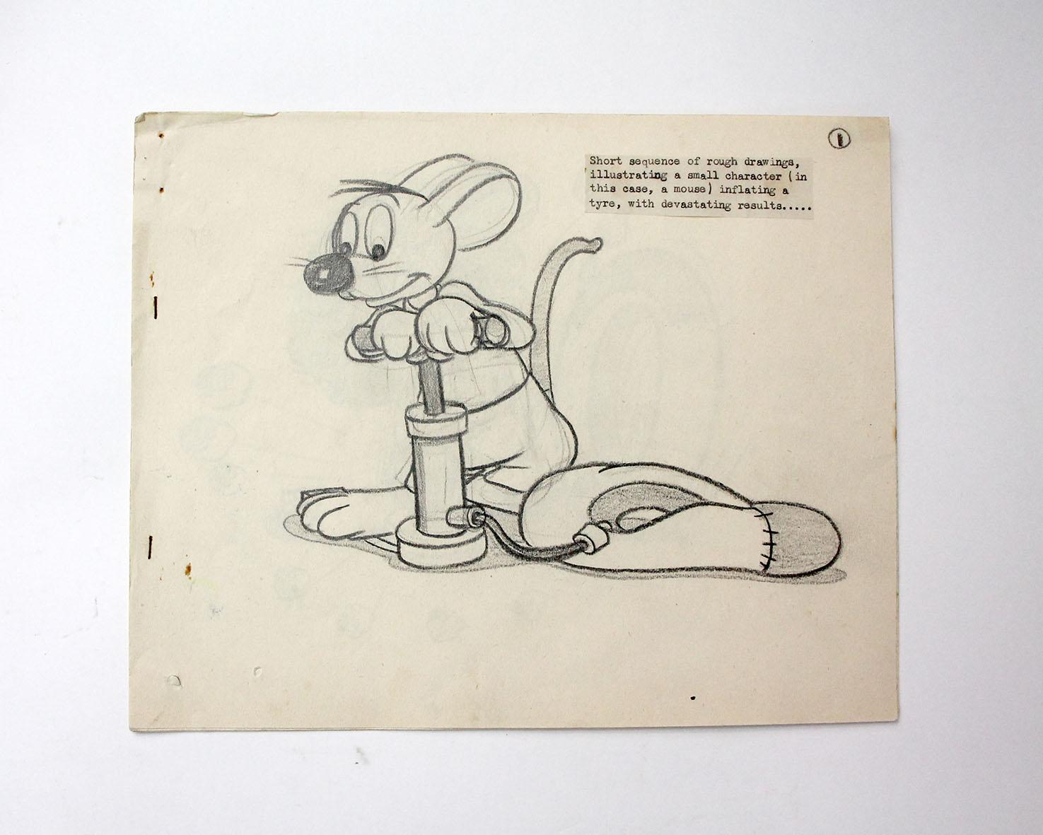 SHORT SEQUENCE OF ROUGH DRAWINGS, ILLUSTRATING A SMALL CHARACTER (IN THIS  CASE, A MOUSE) INFLATING A TYRE, WITH DEVASTATING RESULTS. by ANON. EARLY  BRITISH ANIMATION DRAWINGS: (1930)  Manuscript / Paper Collectible | LUCIUS BOOKS (ABA,