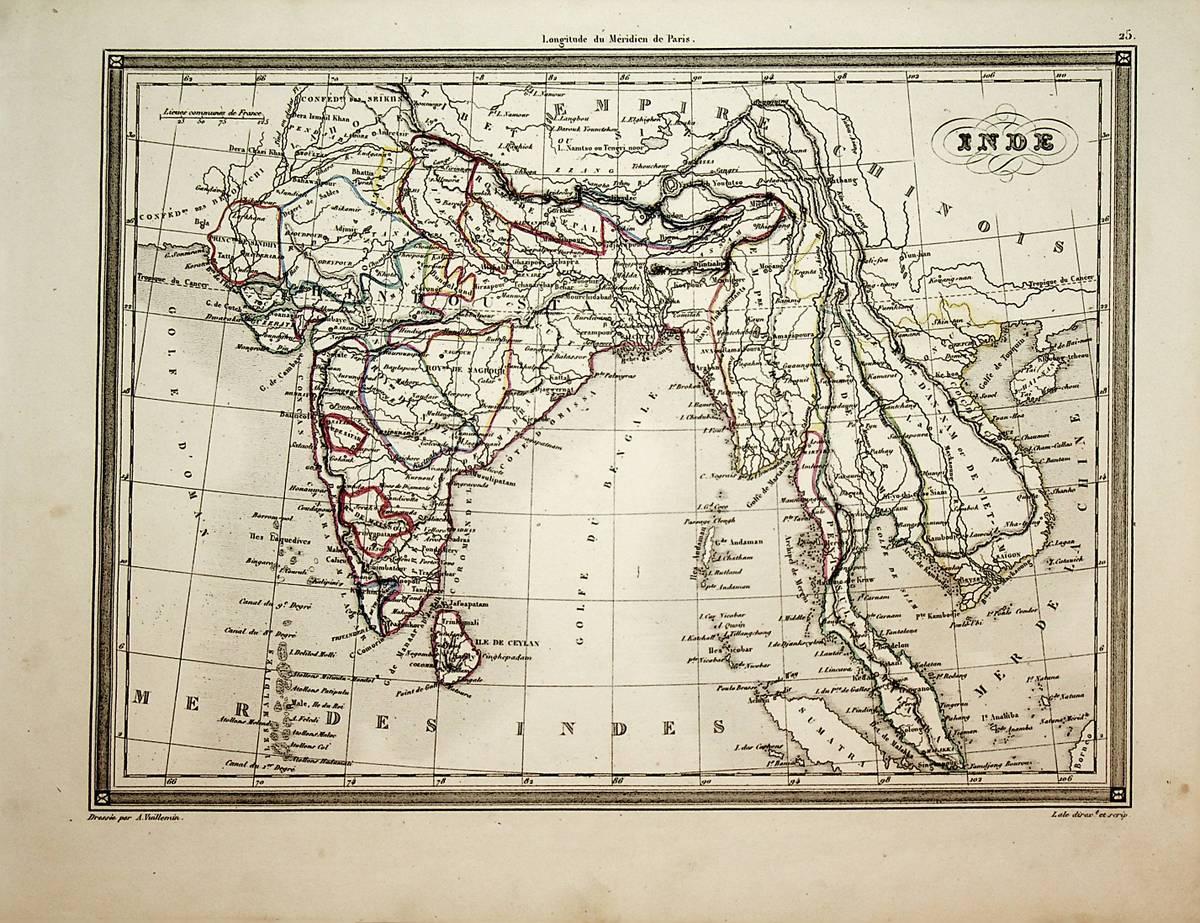 INDIA MAP ca. 1850 by Alexandre Vuillemin Title: Inde: (1850) Map  ANTIQUARIAT.WIEN Fine Books 