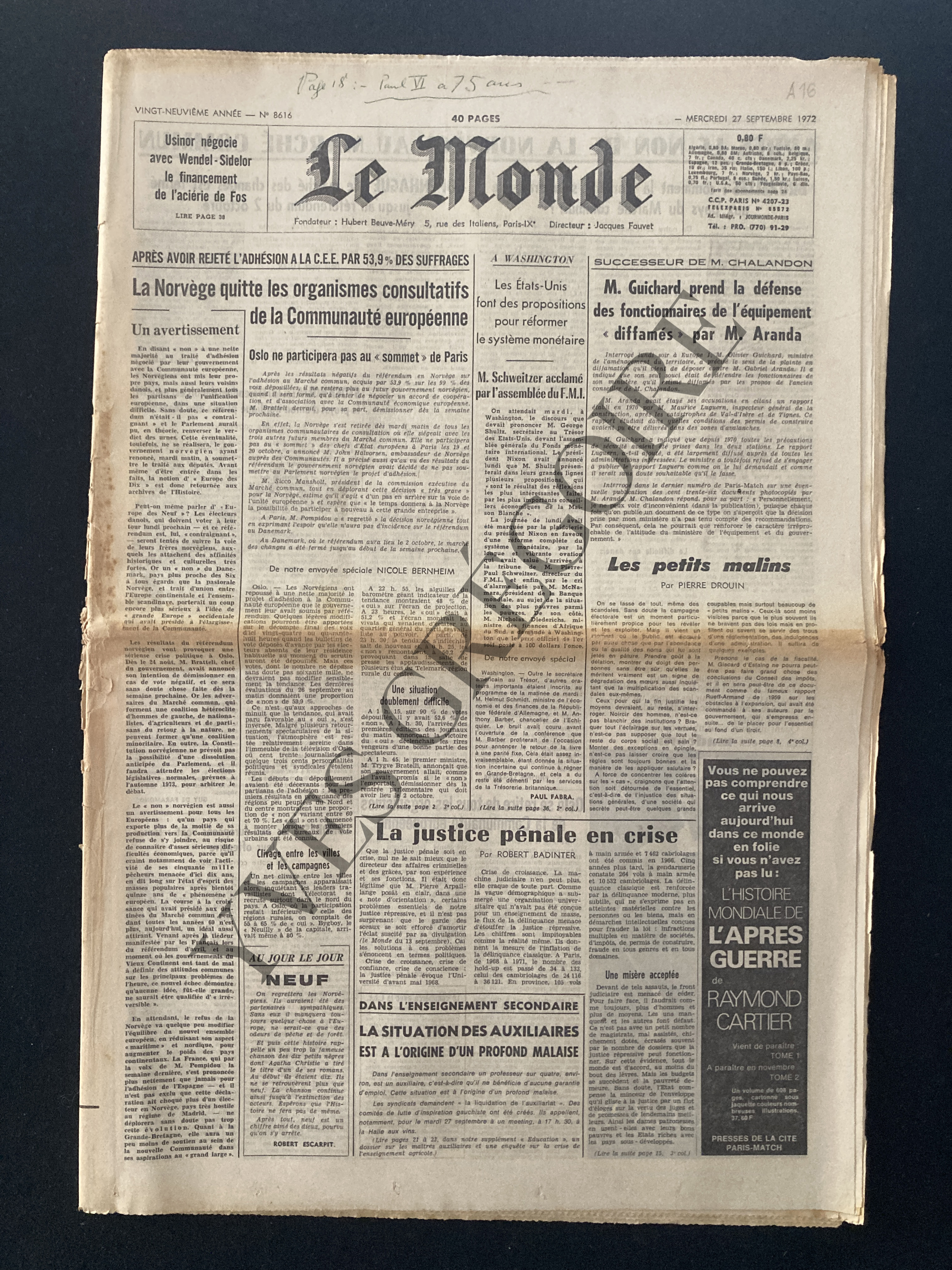 LE MONDE-N°8616-MERCREDI 27 SEPTEMBRE 1972-TAKIS-MONTHERLANT [Bon] [Couverture souple]
