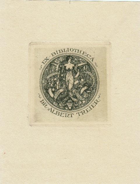 Ex Libris Fritz Müller. Verhängtes Gemälde unter Rundbogen, seitlich